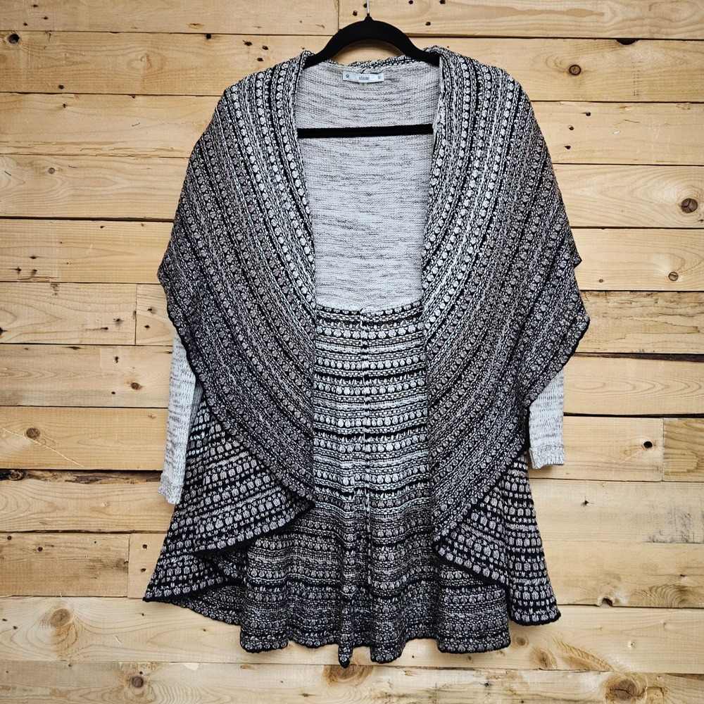 Sioni Womens Small Black White Geometric Knit Open Front Shawl Cardigan Sweater